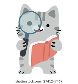 curious feline holding magnifier while studying open book showing focus and investigation