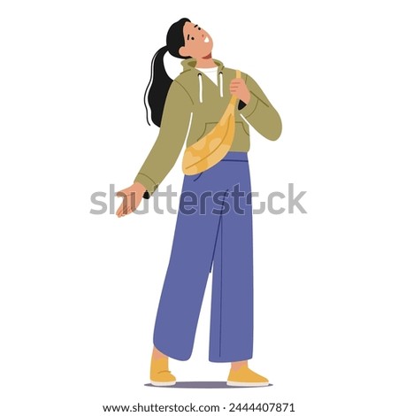 Curious Female Character Looking Upward. Woman Gazes Skyward, Eyes Wide With Wonder, Neck Craned, Searching For Something Unseen Amidst The Vast Expanse Above. Cartoon People Vector Illustration