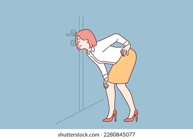 Curious female employee look through keyhole in doors in office. Businesswoman spy looking though hole searching for secrets. Vector illustration. 