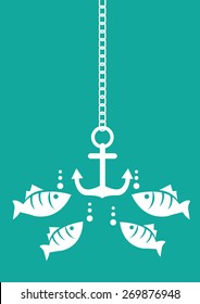 Curious fishes surrounding an anchor in underwater. Simple vector illustration isolated on green background.