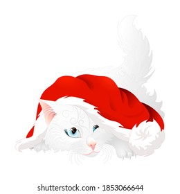 Curious fluffy white angora cat with blue eyes laying with lifted tail under red Santa hat, playing with pompon. Isolated vector for Christmas decoration.