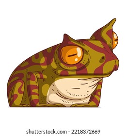 Una rana curiosa, ilustración vectorial aislada. Foto de caricatura de una rana con cuerno mirando algo con interés. Dibujar pegatina de animales. Dibujo simple de un sapo sobre fondo blanco. Un anfibio