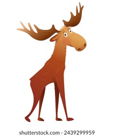 Curious funny moose animal character illustration for kids. Cute elk or silly moose walking, side view. Vector hand drawn illustrated zoo animal character for children.