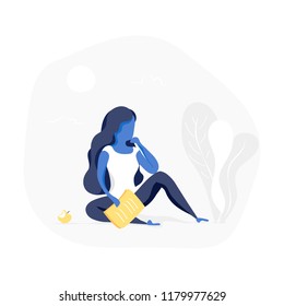 A curious girl, cute cartoon woman sitting with a stack of paper in hands in doubts, she thinks and trying to find idea, solution, brainstorming. Flat modern hand drawn vector doodle illustration.