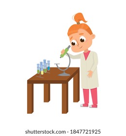 Curious Girl Examining Chemicals with Microscope Studying Chemistry Vector Illustration