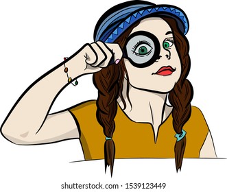 
curious girl in a hat with a magnifier