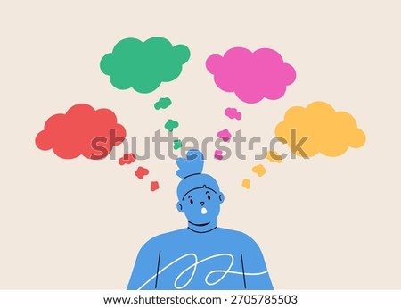 Curious girl having many thoughts being undecided. Colorful vector illustration
