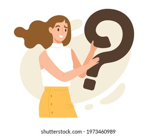 Curious girl hold ding big question mark with wondering face. Concept of confusion, asking, curiosity, face expression, questionnaire, Q and A. Flat vector illustration cartoon character.