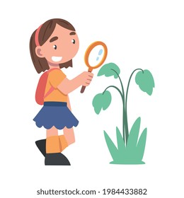 Curious Girl with Magnifying Glass Studying Plant and Exploring Environment Vector Illustration