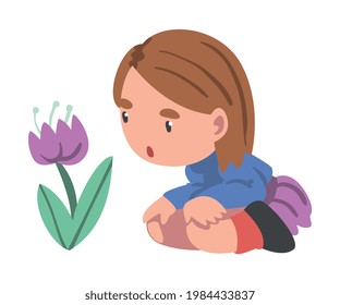 Curious Girl Sitting Near Blooming Flower Studying Plant and Exploring Environment Vector Illustration