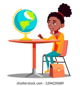 Curious Girl Sitting At The Table And Looking At Globe Vector. Isolated Illustration
