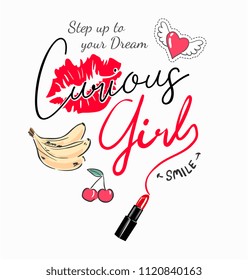 curious girl slogan with girly icons illustration