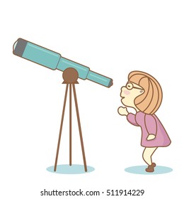 Curious girl, squatting down, looking through a telescope at something interesting