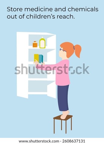 Curious girl standing on stool looking into cabinet. Childproof storage advice to prevent poisoning from medicines and chemicals.