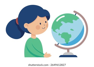 Curious Girl Studying Globe: Flat Design, Educational, Childlike Wonder