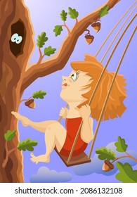 A curious girl swinging and looking into the tree hollow
