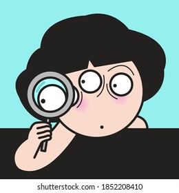 Curious Girl With Three Eyes Holding And Looking Through A Magnifying Glass Concept Card Character illustration