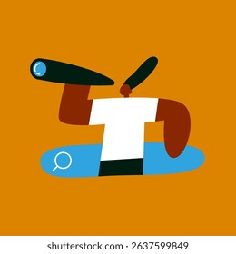 Curious girl using search bar to find information. Focused look of woman through telescope. Flat vector illustration.