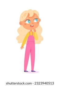 Curious girl vector illustration. Cartoon isolated confused kid asking question and thinking of solution to problem, expression of curiosity on cute thoughtful face of young student character