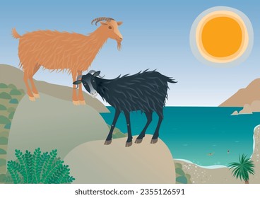 Curious goats on the coast. Vector illustration.