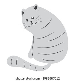 Curious gray striped cat vector illustration in doodle style. Hand drawn sketch of cute kawaii kitty character. Isolated drawing of adorable pet