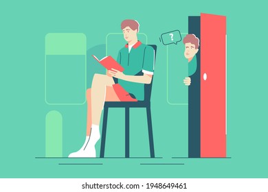 Curious guy peeps on friend vector illustration. Man reading book on chair flat style. Boy look out door. Curiosity and searching for something concept. Isolated on green background