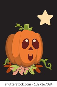 Curiosa calabaza de Halloween mirando una ilustración estrella sobre fondo negro