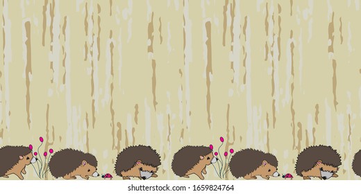 Curious hedgehogs border, seamless vector pattern illustration