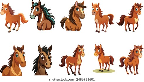 Curious Horses. Sets of Curious horses. Clipart, Design, Logo, Vector, Illustration, Line art, Drawing.