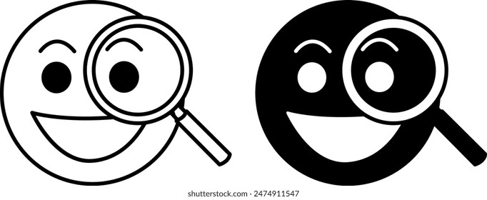 Curious icons. Black and White Vector Icons. Smiling Face and Magnifying Glass. Emotions, Mental Health. Mood Concept