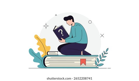 Curious individual engrossed in reading a book seeking knowledge and understanding surrounded by nature elements and abstract shapes representing thought and learning