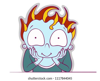 Curious kid with blue skin looking interested. Vector flat modern illustration