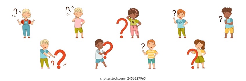 Curious Kid Character with Question Mark Vector Set