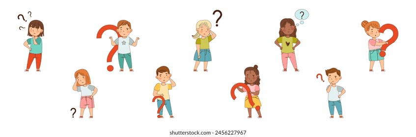 Curious Kid Character with Question Mark Vector Set