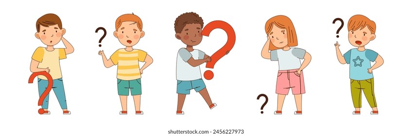 Personaje de niño curioso con signo de interrogación Vector Set