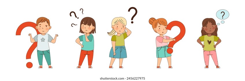 Personaje de niño curioso con signo de interrogación Vector Set