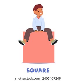 Curious Kid Character Sits On A Square, Delving Into The World Of Geometry With Fascination, Unlocking Secrets Of Shapes And Learning Through Hands-on Exploration. Cartoon People Vector Illustration