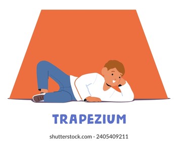 Curious Kid Explores The Trapezium Shape, Embracing The Concept Of Geometry Learning With Excitement And Creativity, Boy Character Explore Mathematical Ideas. Cartoon People Vector Illustration