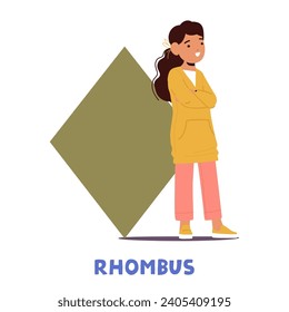 Curious Kid Girl Character Proudly Holds A Rhombus, Delving Into The World Of Geometry With Excitement, Embodying The Joy Of Learning And Exploration. Cartoon People Vector Illustration