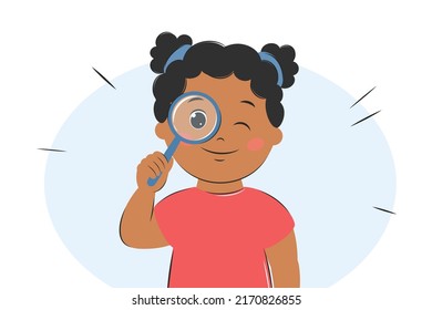 Curious kid girl with dark hair and skin look in magnifying glass. Smart child using magnifier for learning, study. Vector Illustration.