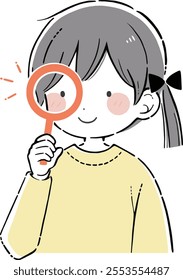 Curious kid girl look in magnifying glass. Smart child using magnifier for learning, study. Vector Illustration.