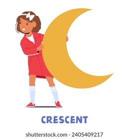 Curious Kid Holds A Crescent Shape, Exploring Geometry With Wonder. Shapes Come Alive As Learning Unfolds, Sparking The Joy Of Discovery In A World Of Angles And Curves. Cartoon Vector Illustration