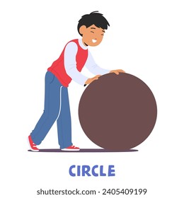 Curious Kid Joyfully Rolls Geometric Circle, Exploring The Fascinating World Of Shapes, Sparking Excitement And Fostering A Love For Geometry Through Hands-on Learning Adventures. Vector Illustration