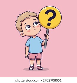 Curious Kid Vector Illustration Holding Question Mark Sign with Wondering Expression on Pink Background