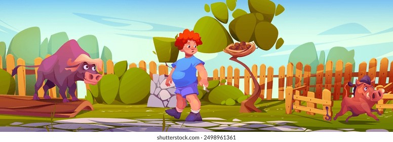 Curious kid in zoo on summer day. Vector cartoon illustration of chubby red-haired boy looking at African buffalo and wild boar running, friendly animals in safari park, school holidays entertainment