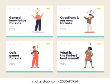 Curious kids with question marks concept of template landing pages set with little boys and girls need answers about world and general knowledge. Cartoon flat vector illustration