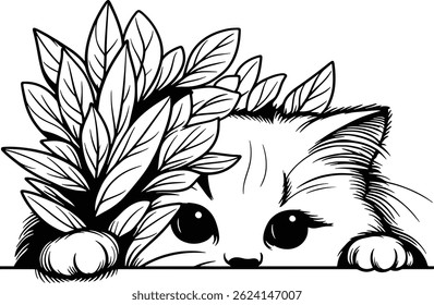Curious Kitten Peeking Through Leaves