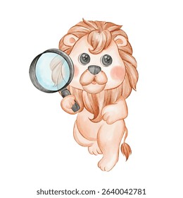 Curious Lion Cub with Magnifying Glass Examining a Feather