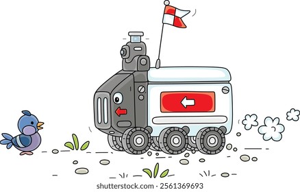 Curious little bird met a small automatic droid carrying its package to destination, vector cartoon illustrations isolated on a white background