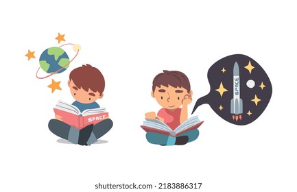 Curious Little Boy with Bookd Studying Space and Galaxy Vector Illustration Set